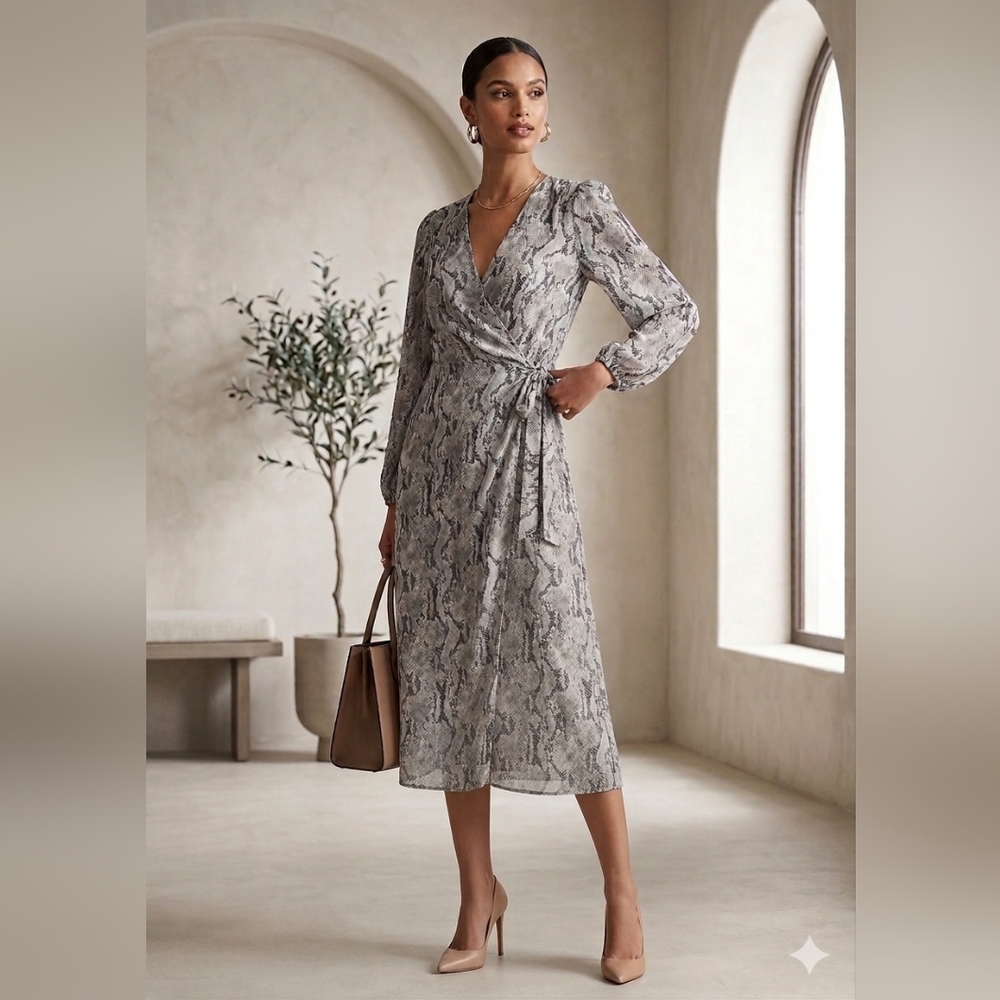 Express Gray Snake Print Long Sleeve Dress